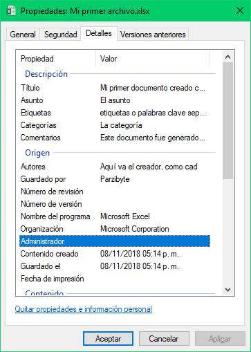 Propiedades del documento creado con PhpSpreadsheet